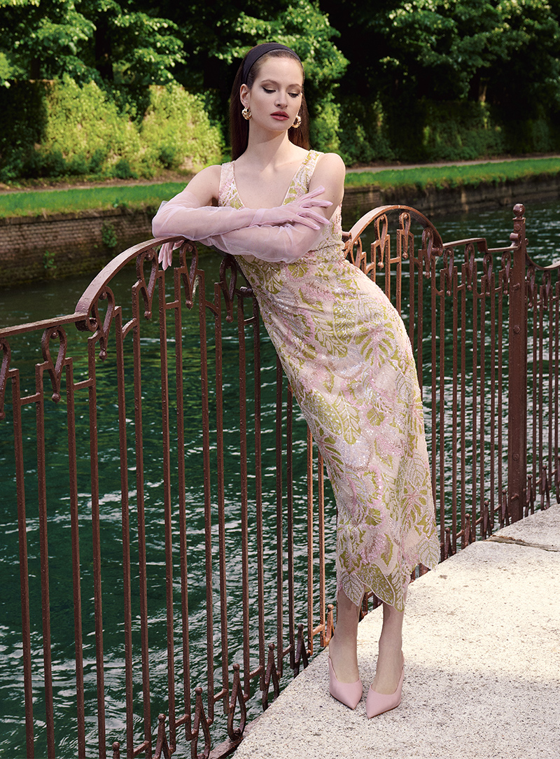 Abito da cerimonia rosa e oro con ricami floreali Gianni Molaro