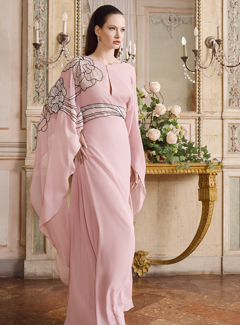 Abito da cerimonia con maniche e motivi floreali Gianni Molaro